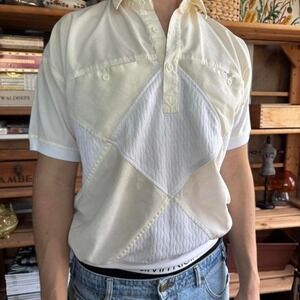 Vintage Alexxus Exclusive Cream White Textured Colorblock Polo Shirt Mens Medium
